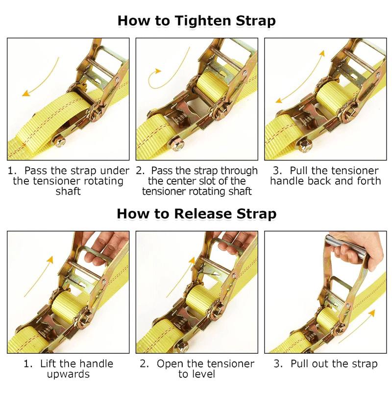 Ratchet tie down strap securing cargo on truck, trailer, motorcycle, or kayak.