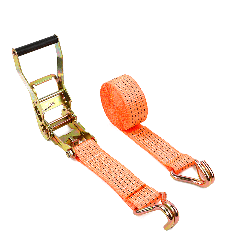 38mm 1.5" polyester ratchet tie down strap with double J hooks, front view